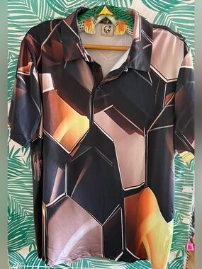 Hardaddy Geometric Print Polo Shirt - Black and Brown Sz L Guc